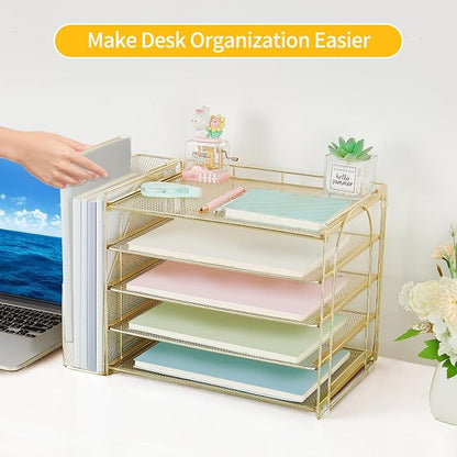 AUPSEN Gold Desk Organizers and Accessories, 5-Tier Desktop Paper File Organizer with Removable File Holder, Desk Accessories & Workspace Organization for Home Office Supplies (Gold)