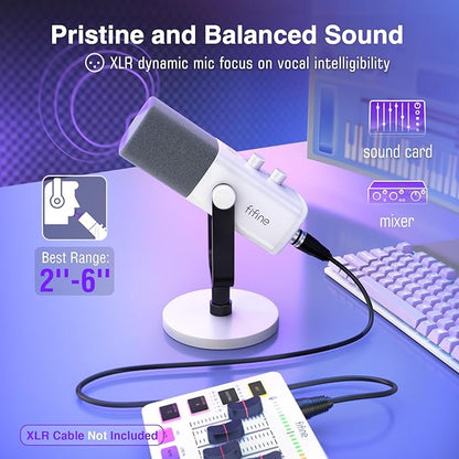 FIFINE AmpliGame AM8W XLR/USB Gaming Microphone for Streaming Podcasting | Dynamic PC Computer RGB Mic, with Gain Knob, Mute Button, Monitoring Jack, for Gamer Recording Video Creation, White