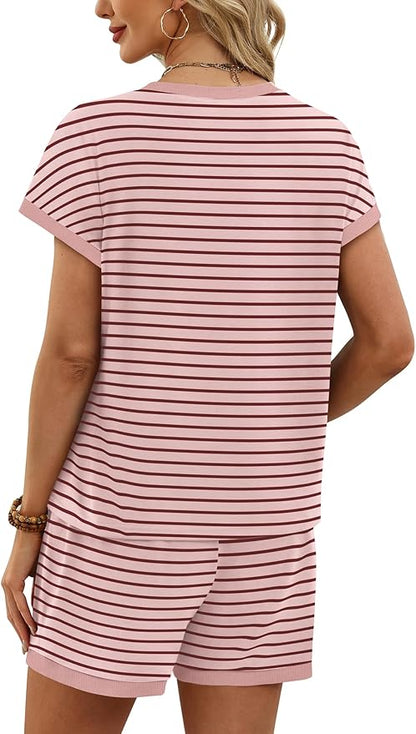 WIHOLL Two Piece Sets for Women Summer Lounge Short Sets Cap Sleeve Crew Neck Sweatsuit with Pocket XS-2XL