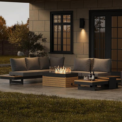 homary Patio Conversation Sets with Fire Pit-Modular Outdoor Sofa Aluminum & Teak Outdoor Sofa Se with Glass Wind Guard Ideal for Patios & Balconies, 6 Pepole