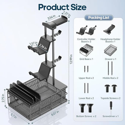 KDD Headphone Stand with Drawer - Headset & Controller Holder for Desk - Aluminum Supporting Bar Earphone Stand with Cable Organizer - Universal Gaming PC Accessories Storage