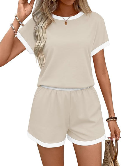 WIHOLL Two Piece Sets for Women Summer Lounge Short Sets Cap Sleeve Crew Neck Sweatsuit with Pocket XS-2XL