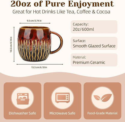 20oz Large Ceramic Coffee Mugs Unique Big Pottery Coffee Mug Microwave Safe Cool Stoneware Cups for Tea Latte Oversized Mug With Handle for Home Red Wide Clay Mugs for Men Fancy Handmade Ceramic Cup