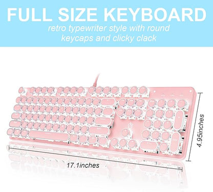 YSCP Typewriter Style Mechanical Gaming Keyboard White Backlit Wired with Blue Switch Retro Round Keycap 104 Keys Keyboard (Pink)
