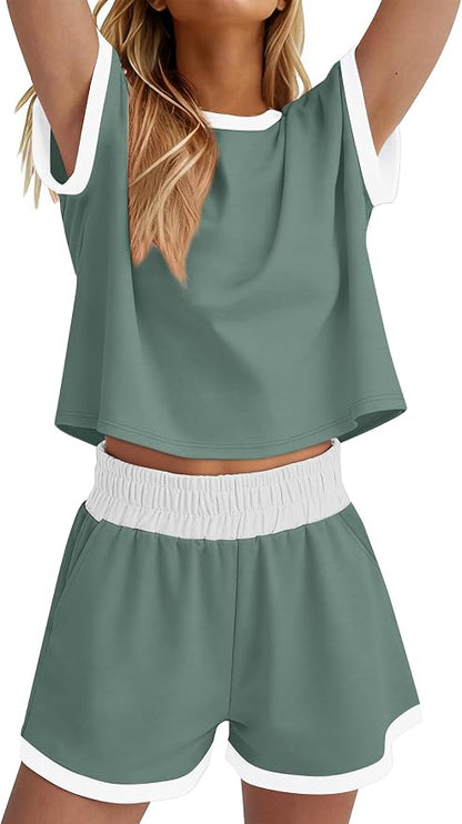 WIHOLL Two Piece Sets for Women Summer Lounge Short Sets Cap Sleeve Crew Neck Sweatsuit with Pocket XS-2XL