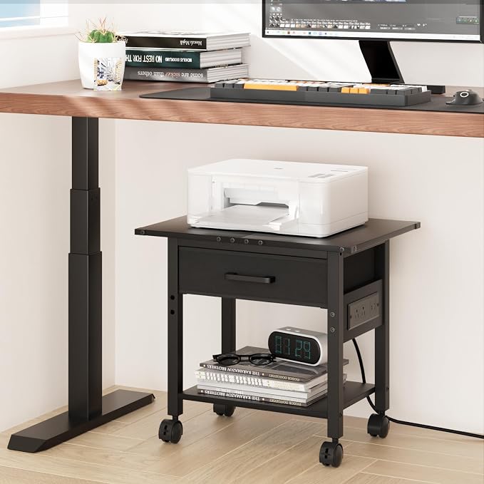 Lerliuo Under Desk Rolling Printer Stand with Charging Station and USB Ports, 2-Tier Printer Table Desk with Fabric Drawer, Printer Cart Holder with Lockable Wheels for Home, Office (Black)