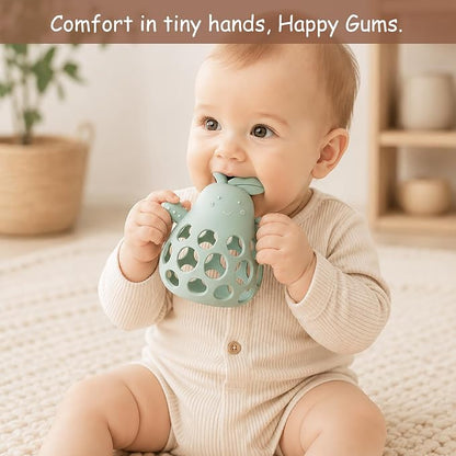 Baby Teething Toy Silicone Teether for Infants, Pear-Shaped Design with Easy-Grip Hole and Nipple-Shaped Ends for Gum Massage & Sensory Development, BPA-Free Safe Baby Chew Toy YIVEKO-Ivory+Sage