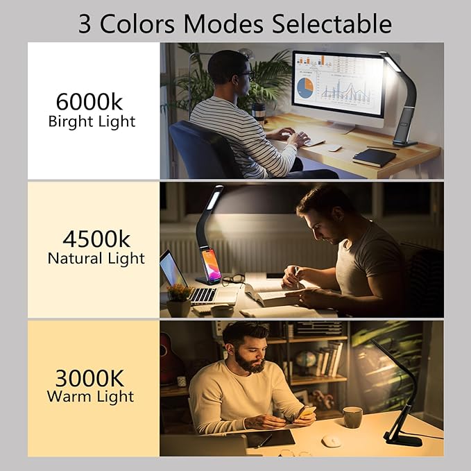LED Desk Lamp with Wireless Charger, USB Charging Port, Stepless dimmable brightness, 3 Color Modes, Desk Lamps for Home Office, Table Lamp Eye Caring Reading Light, Gesture Control desk light
