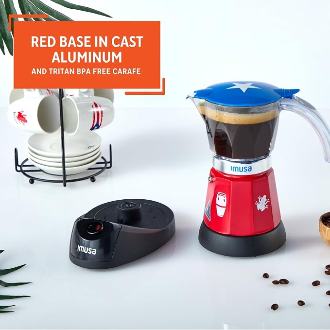 IMUSA 6 or 3 Cup Electric Boricua Espresso Coffee Maker, Red | Bare Cast Aluminum Finish, Cool-Touch Handle, Ideal for Moka and Puerto Rican Coffee, Great for Gifting
