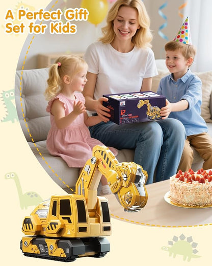 Remote Control Excavator Toys for Boys 4-7, Construction Trucks 2.4GHz RC Excavator with Light and Sound, Dinosaur Toys for Kids 3-5, Christmas Birthday Gifts for Kids (Yellow)