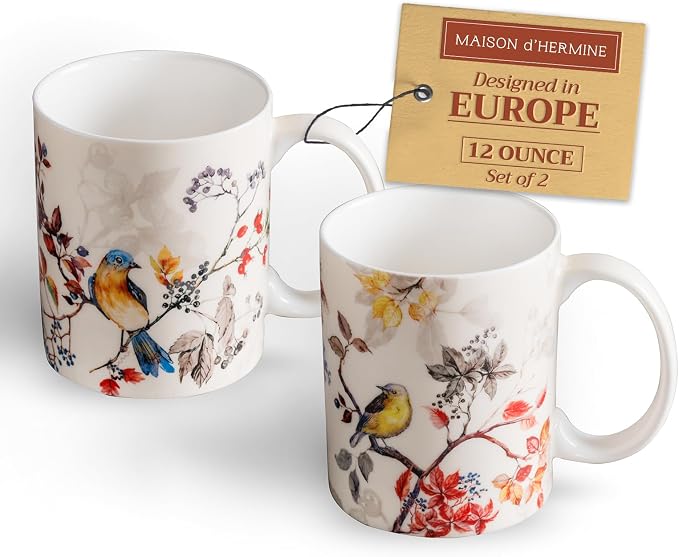 Maison d' Hermine Coffee Mug with Handles Tea Cups (12 Ounce, Pack of 2) | Fine Bone China Coffee Mugs for Hot Beverages Cappuccino Latte Home Restaurant Hotel Spring Summer -Equinoxe - Beige