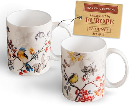 Maison d' Hermine Coffee Mug with Handles Tea Cups (12 Ounce, Pack of 2) | Fine Bone China Coffee Mugs for Hot Beverages Cappuccino Latte Home Restaurant Hotel Spring Summer -Equinoxe - Beige
