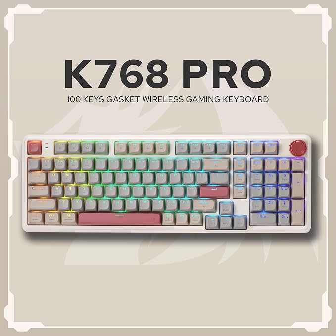 Redragon K768 PRO Wireless 100-Key Gasket Gaming Keyboard, Knob + 8000mAh | Multi-Function Control Wheel, 0-Delay Tri-Mode, Cushioned 5-Layer Noise Dampening for Creamy Thocky Sound, Practical 95% Size