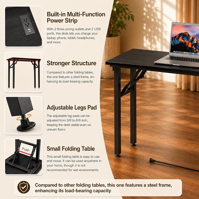 Folding Table Computer Desk - 55.1" No Assembly Folding Desk with Power Outlets & USB Charging Port, Small Desk, Foldable Office Desk, Compact Storage Portable Use for Small Space, Dark Oak