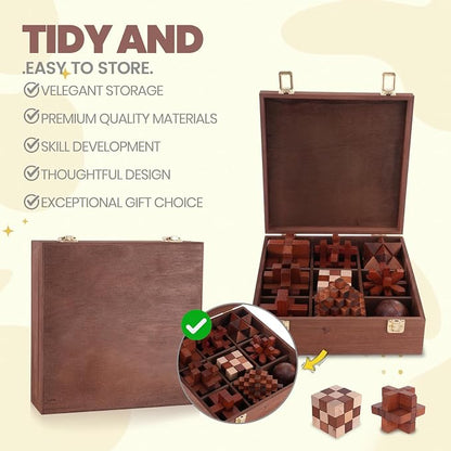 Wooden Brain Teaser Puzzles for Adults - Brain Teaser Puzzles with Wooden Box 3D Puzzle Game Toys for Adults Teens - Unlock Interlocking Puzzle Adults Teens IQ Education Smart Toys