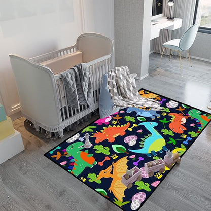 Dinosaur Rug for Boys Room Cartoon Dinosaur Area Rugs Kids Rug Dinosaur Rug Kids Play Rug Dinosaur Play Rug for Bedroom and Kidroom Playing Room,Dark Blue 4'×5'