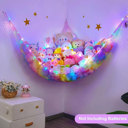 Unicorn Castle Stuffed Animals Net or Hammock Kids Toy Storage Organizer with LED Light Hanging Corner Stuffed Animals Holder Kids Girls Room Decor,Rainbow-A,XLarge (Pack of 1)