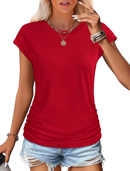 Sampeel Womens Summer Tops Trendy 2026 Ruched Cap Short Sleeve Tshirts Shirts Crew Neck T Shirts Fashion