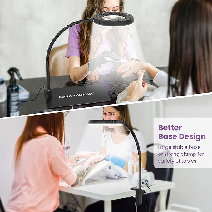 EASYINBEAUTY 8X Magnifying Glass with Light and Stand, 5 Color Modes & 9-Level Dimmable, 2-in-1 LED Magnifying Desk Lamp with Clamp, Gooseneck Magnifying Light for Crafts Hands Free, Close Work, Read