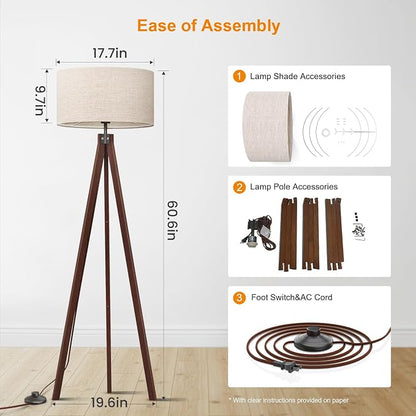 LEPOWER Tripod Floor Lamp Mid Century Modern Standing Lamps for Living Room | Light-Diffusing Linen Shade, Premium Rubberwood Tripod with E26 Base, Adding Warmth to Bedroom, Office & Study Corner Walnut