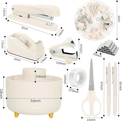 SKYDUE Desk Organizer Set with 360° Rotating Pen Holder | Includes Stapler, Scissors, Tape Dispenser, Clips, Pins & Accessories, For Home Office, School, Teacher