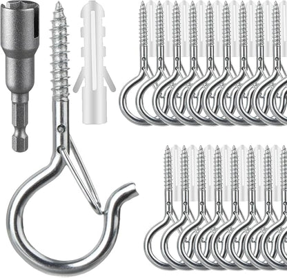 24 PCS Q-Hanger Hooks, Screw Hooks for Outdoor String Lights, Safety Buckle Design Cup Eye Hook for Hanging Christmas Lights, Plants, Mounted on Wall Ceiling, Include 1 Wing Nut Driver, Silver