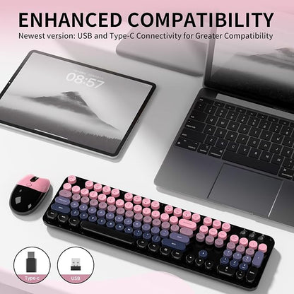 Wireless Keyboard and Mouse, MOFII 104 Round Keycaps Retro Typewriter with OTG & Brush, Full-Size Ergonomic, Ideal for Windows PC, Home, Office and College Peach Pink