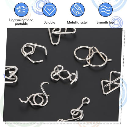 Metal Wire Puzzle Set of 8 with Pouch, Brain Teaser Puzzles IQ Test Ring Disentanglement Unlock Interlock Game Trick Metal for Party Favor Challenge(C Style)