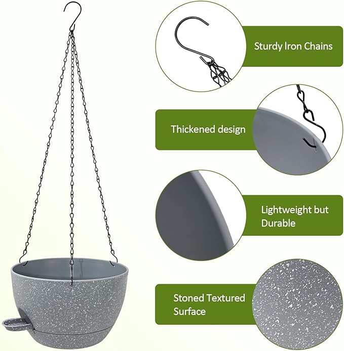 WOUSIWER Self Watering Hanging Planters, 2 Pack 10'' Plastic Pots with Drainage Holes & Reservoir Tray (Speckled Grey) | Indoor & Outdoor Use for Ferns, Ivy, Herbs, Succulents