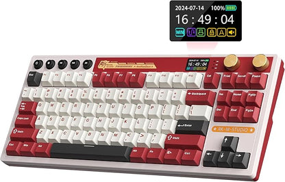 RK ROYAL KLUDGE M87 Wireless Gaming Keyboard with Screen & Dual Knobs, Red | Bluetooth/2.4G/Wired, Hot Swappable Cream Switches, 5-Layer Noise Dampening Gasket Structure,Compact 75% Size for PC/WIN/Mac