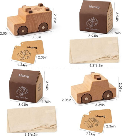 Wooden Toy Cars for 3 Year Old Boys & Girls - Construction Vehicles Set Push Toys for Toddlers, Wood Montessori Car with Rolling Wheels, Natural Wood Toys (Ambulance & Police Car)