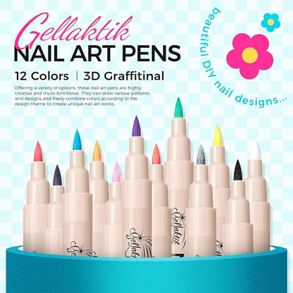 12 Color Nail Art Pens, 3D Nail Polish Pens Set 0.7mm Quick-Drying Acrylic Paint Markers Dotting Liner Drawing Pen Manicure Tools Set for Nail Design, DIY Home Salon Manicure Tools