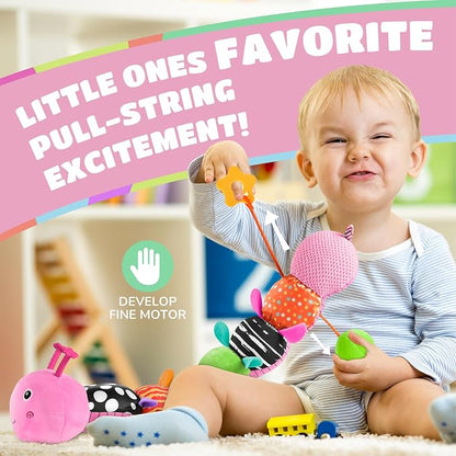 AWOTOY Baby Toys 6-12 Months Music Caterpillar Infant Toys Stuffed Animals 0-3-6 Months Teething Tummy Time Sensory Toys with Mirror Rattle&Pull String Boys Girls Shower Birthday Gifts
