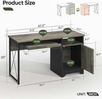 Bestier 47-Inch Office Desk with Storage Cabinet & Keyboard Tray, Grey | 47 Inch Desktop, Right Storage Cabinet, Sliding Keyboard Tray And X-Frame Support Create A Small-Space Home Office Desk.