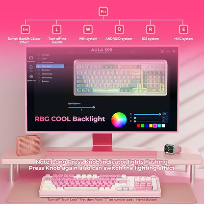 AULA 99 Key Keyboard, Wireless Pink Gaming Keyboard Creamy with Number Pad | Membrane Keyboard,RGB Backlit,Tri-Mode BT/2.4GHz/USB-C,2000mAh Rechargeable Thocky Clicky Creamy Sound Computer Keyboards
