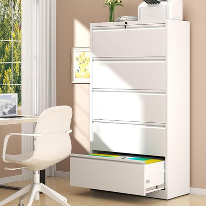 AQY 5 Drawer File Cabinet with Lock,Metal Lateral File Cabinets for Home Office,Steel Wide Filing Organization Storage Cabinets for Hanging Files Letter/Legal/F4/A4 Size,Assembly Required(White)