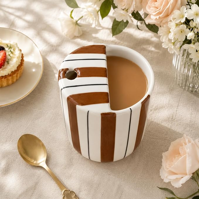 1 Pcs Ceramic Mug with Sip Hole 10 oz Novelty Brown Black Striped Coffee Mug Hand Painted Ceramic Cup Heat Resistant Non Slip Built in One Lid Handcraft Mugs for Coffee Lovers Gift