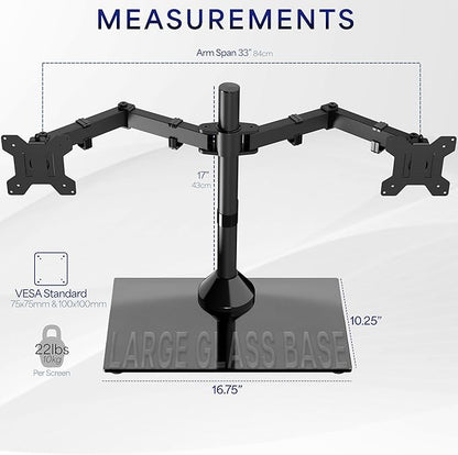 VIVO Freestanding Dual Monitor Stand with Sleek Glass Base and Adjustable Arms, Mounts 2 Screens up to 32 inch and 22 lbs Each, Black, STAND-V002FG | Articulating, Freestanding Adjustable Monitor Arm, Black with Glass Base, Computer Stand for 2 Monitor...