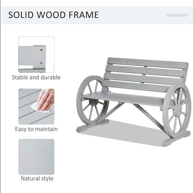 Outsunny 41" Wooden Wagon Wheel Bench, Rustic Outdoor Patio Weather Resistance Furniture, 2-Person Slatted Seat Bench with Backrest, Light Gray