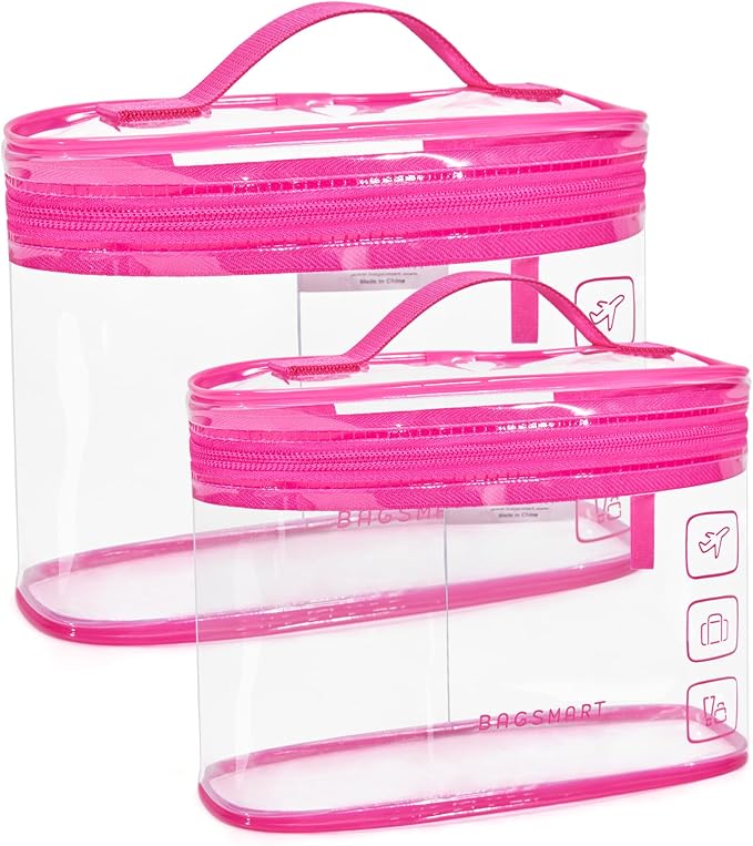 BAGSMART TSA Approved Toiletry Bag, 2 Pack Clear Makeup Cosmetic Bag Organizer, Quart Size Travel Bag for Toiletries, Carry-on Travel Accessories Essentials, Rose Red-2pcs