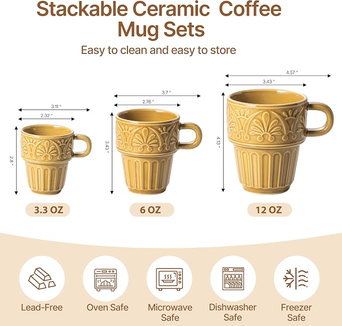 Cappuccino Cups, Espresso Cups, Stackable Mug Set of 6, Ceramic Coffee Mug 6 OZ Khaki for Hot Drinks Milk Dessert, Suitable for Home office Restaurant, Perfect for Holiday & Housewarming Present