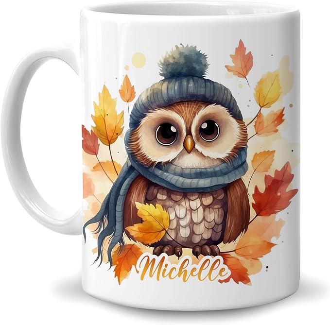 Hyturtle Personalized Fall Owl Maple Leaves Coffee Mug Gifts on Birthday | Gifts For Owl Lovers - Fall Autumn Decor Gifts For Farmhouse Thanksgiving - Custom Name 11oz White Ceramic Coffee Tea Mug