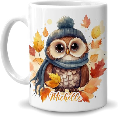 Hyturtle Personalized Fall Owl Maple Leaves Coffee Mug Gifts on Birthday | Gifts For Owl Lovers - Fall Autumn Decor Gifts For Farmhouse Thanksgiving - Custom Name 11oz White Ceramic Coffee Tea Mug