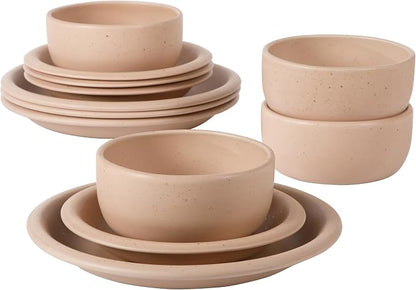 Bloomhouse - Two Time Oprah's Favorite Things Winner - Corsica Clay 12 Piece Stoneware Rustic Reactive Glaze Dinnerware Set - Stackable Plates and Bowls Set. Service for 4 - Matte Prosecco Blush Pink