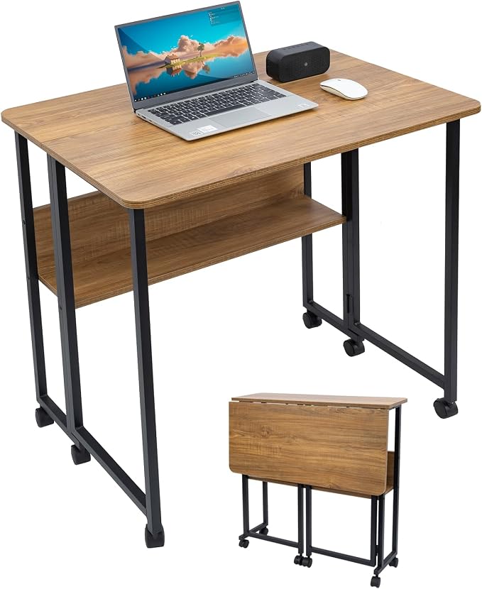 Mobile Foldable Computer Desk with Lockable Wheels & Fixed Foot Pads,Space Saving Folding Writing Gaming Table with Storage Shelf,Laptop Desk for Bedroom Small Apartment Office