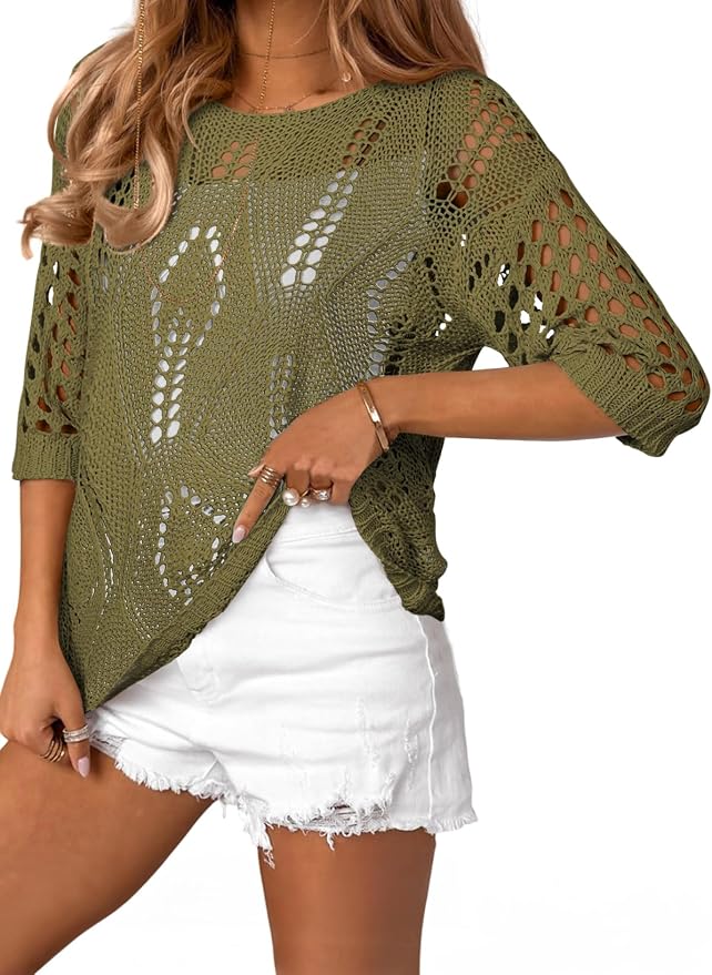 EVALESS Womens Crochet Hollow Out Knit Tops Half Sleeve Spring Summer Sweaters Beach Cover Ups for Women Trendy 2026