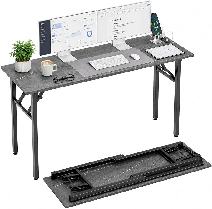 Folding Table Computer Desk - 55.1" No Assembly Folding Desk with Power Outlets & USB Charging Port, Small Desk, Foldable Office Desk, Compact Storage Portable Use for Small Space, Marble Greige