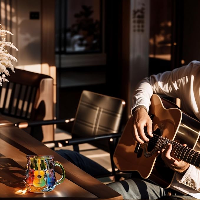 3D Guitar Art Glass Coffee Mug 12 oz – Colorful Handcrafted Cup for Coffee, Tea, Milk – Music Lover Gift – Artistic Glass Mug for Men & Women – Unique Home Décor
