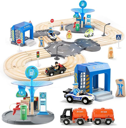 59 Pcs Wooden Train Set for Toddlers, Toy Train with Track for Kids Ages 3-6, Deluxy Double Track City Police Station Railway Playset Gifts for Boys and Girls Ages 3+