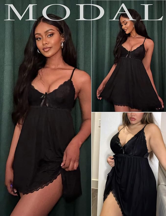 Avidlove Women Nightgown Sexy Sleepwear Lace Chemise V-neck Modal Babydoll Lounge Dress